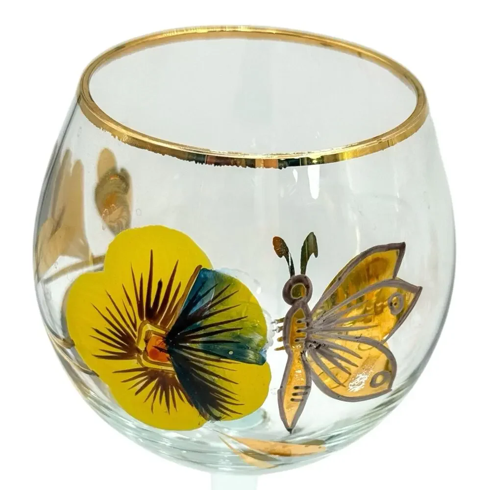Vtg Romanian Hand Painted Crystal Floral Decanter & 5 Stemmed Glasses Yellow EUC